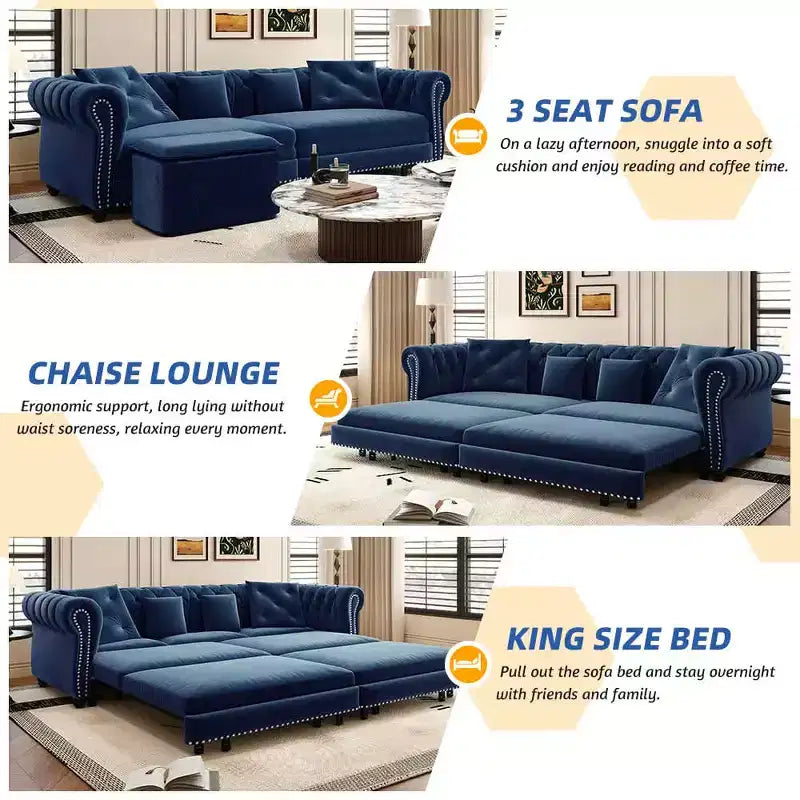 Canapé 3 places en velours 89 avec pouf mobile, canapé-lit 3-en-1, canapé-lit King Size Bleu