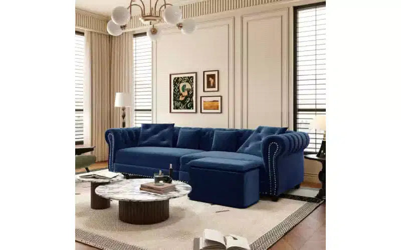 Canapé 3 places en velours 89 avec pouf mobile, canapé-lit 3-en-1, canapé-lit King Size Bleu