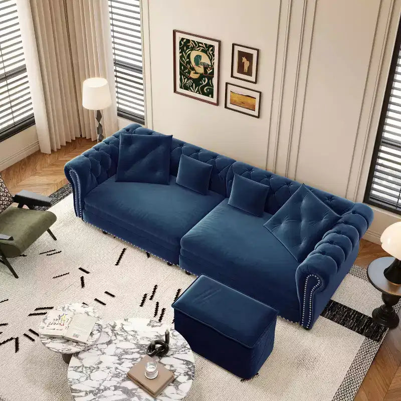 Canapé 3 places en velours 89 avec pouf mobile, canapé-lit 3-en-1, canapé-lit King Size Bleu