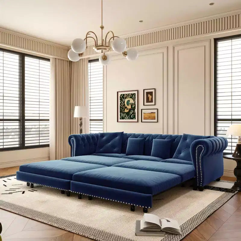 Canapé 3 places en velours 89 avec pouf mobile, canapé-lit 3-en-1, canapé-lit King Size Bleu