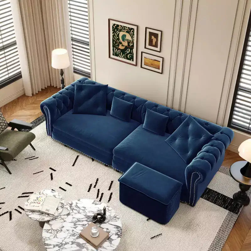 Canapé 3 places en velours 89 avec pouf mobile, canapé-lit 3-en-1, canapé-lit King Size Bleu