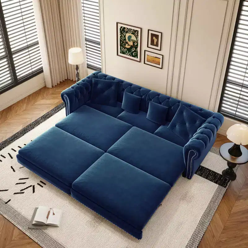 Canapé 3 places en velours 89 avec pouf mobile, canapé-lit 3-en-1, canapé-lit King Size Bleu