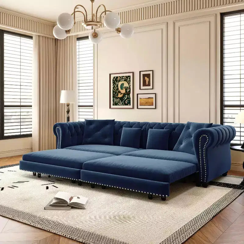 Canapé 3 places en velours 89 avec pouf mobile, canapé-lit 3-en-1, canapé-lit King Size Bleu