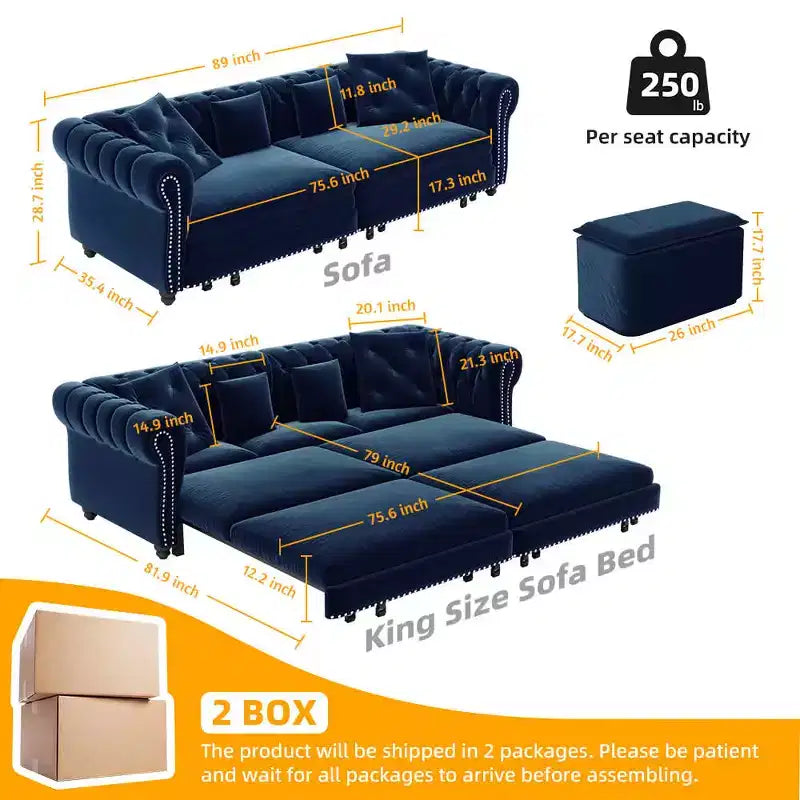 Canapé 3 places en velours 89 avec pouf mobile, canapé-lit 3-en-1, canapé-lit King Size Bleu