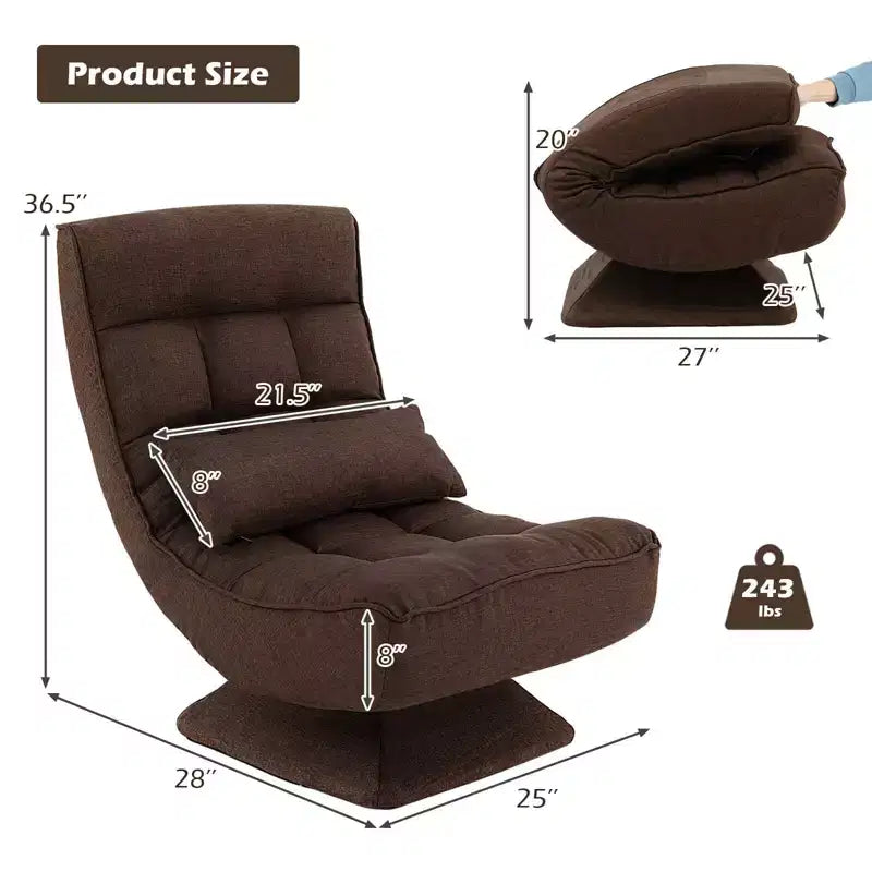 Chaise de sol pivotante à 360° avec 5 niveaux d'inclinaison, oreiller de massage, Gris/Noir/Marron