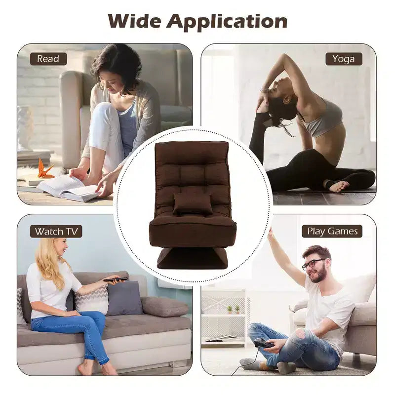 Chaise de sol pivotante à 360° avec 5 niveaux d'inclinaison, oreiller de massage, Gris/Noir/Marron