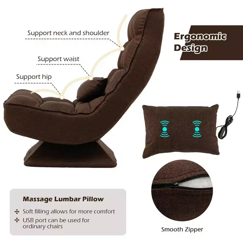 Chaise de sol pivotante à 360° avec 5 niveaux d'inclinaison, oreiller de massage, Gris/Noir/Marron