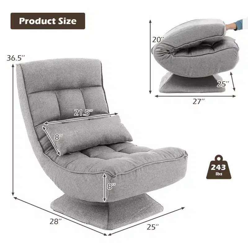 Chaise de sol pivotante à 360° avec 5 niveaux d'inclinaison, oreiller de massage, Gris/Noir/Marron