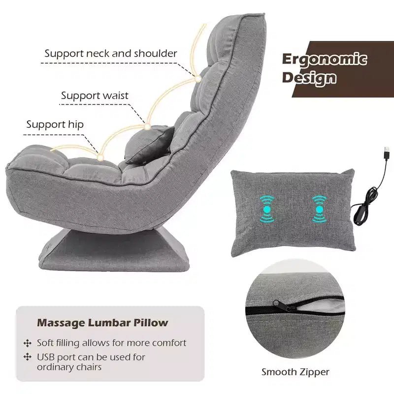 Chaise de sol pivotante à 360° avec 5 niveaux d'inclinaison, oreiller de massage, Gris/Noir/Marron
