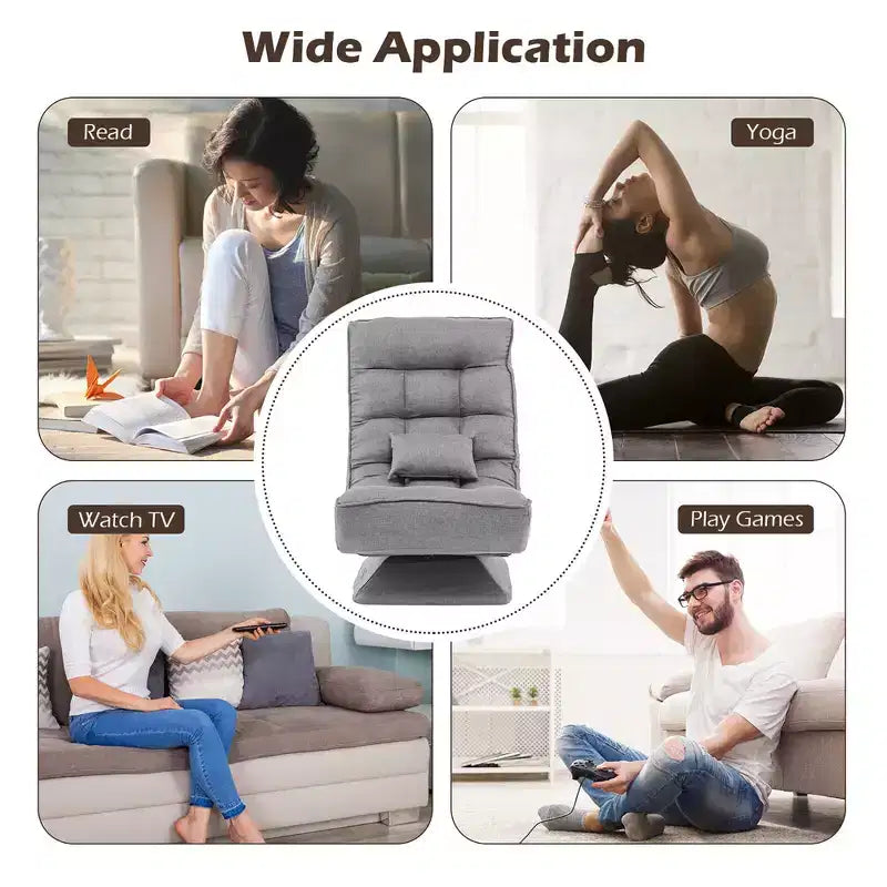Chaise de sol pivotante à 360° avec 5 niveaux d'inclinaison, oreiller de massage, Gris/Noir/Marron