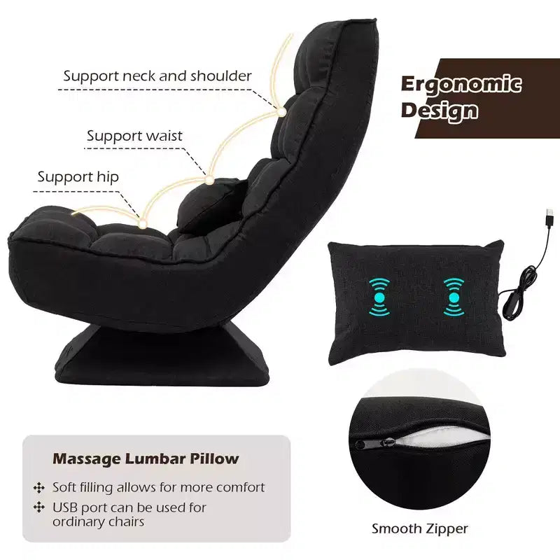 Chaise de sol pivotante à 360° avec 5 niveaux d'inclinaison, oreiller de massage, Gris/Noir/Marron