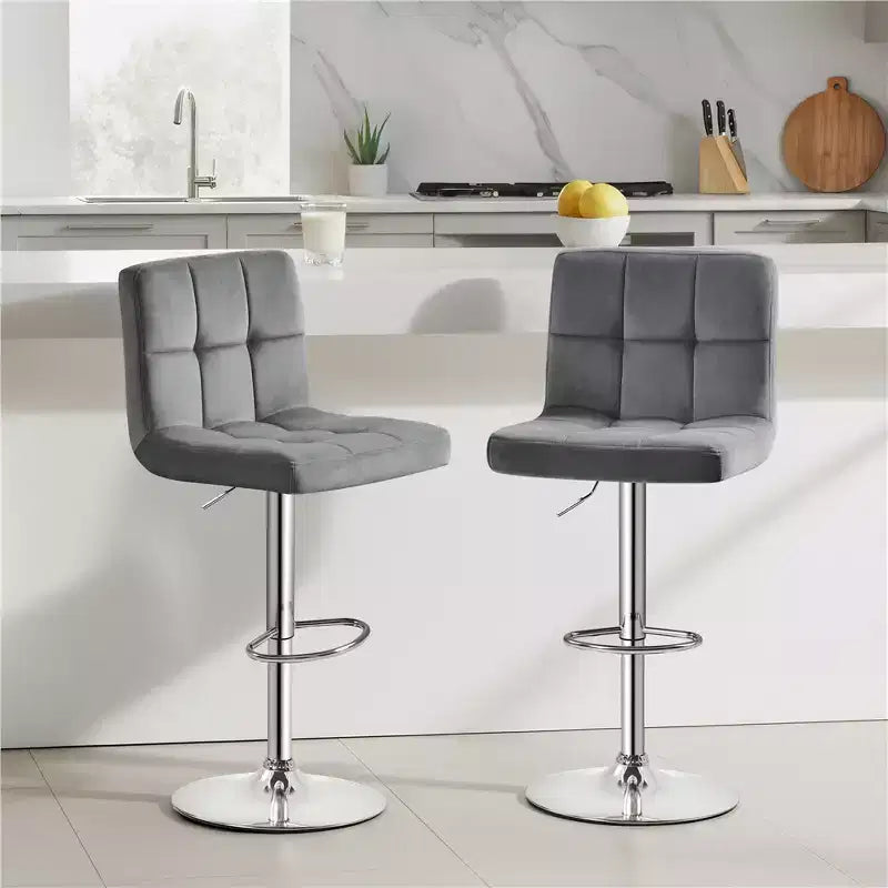 Lot de 2 tabourets de bar pivotants modernes en velours, réglables, avec dossier et grande base piédestal