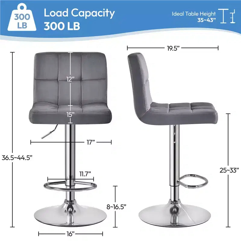 Lot de 2 tabourets de bar pivotants modernes en velours, réglables, avec dossier et grande base piédestal