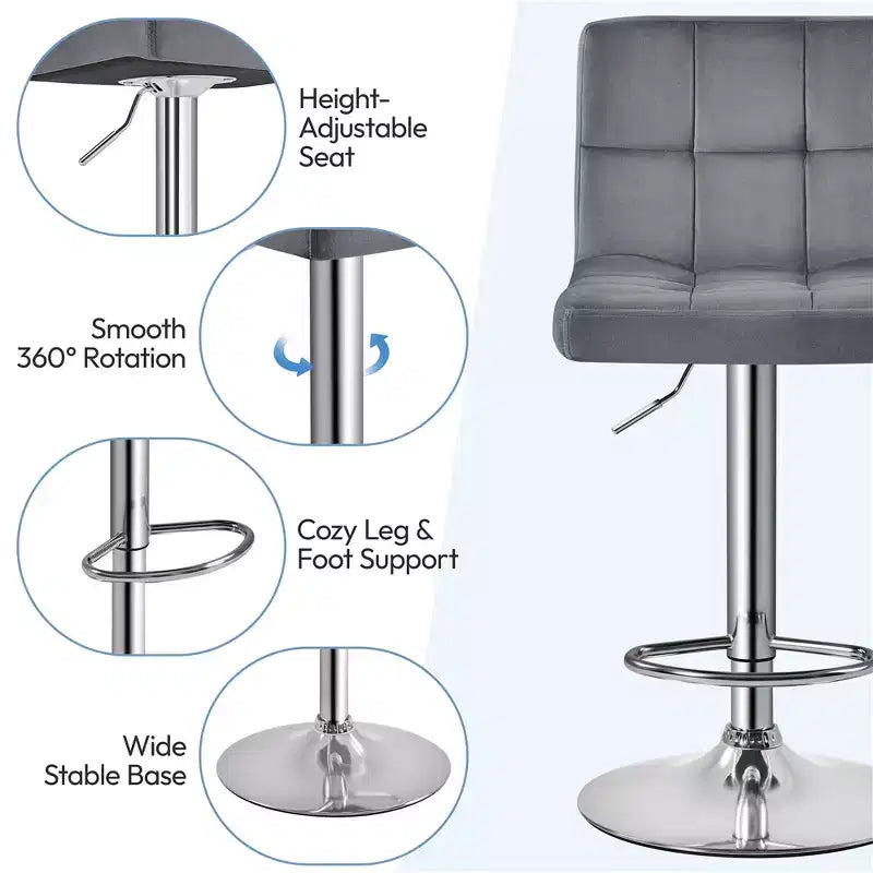 Lot de 2 tabourets de bar pivotants modernes en velours, réglables, avec dossier et grande base piédestal