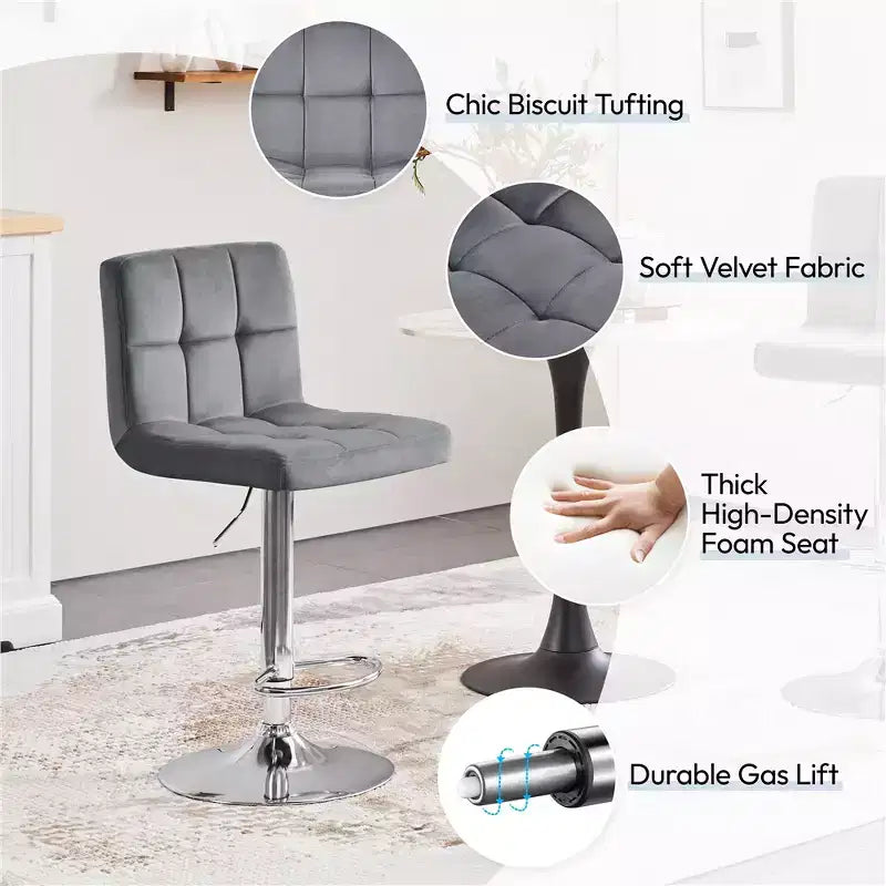 Lot de 2 tabourets de bar pivotants modernes en velours, réglables, avec dossier et grande base piédestal