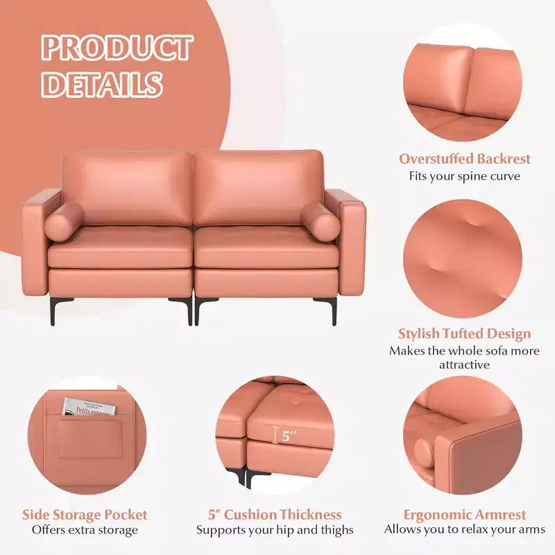 Causeuse moderne à 2 places avec 2 traversins et pochette de rangement latérale Gris/Rouge