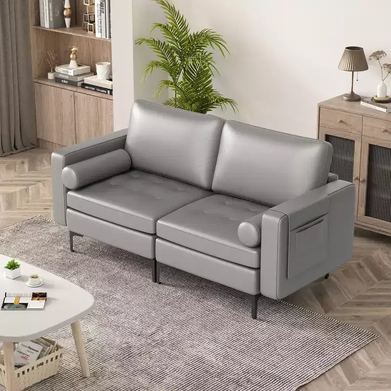 Causeuse moderne à 2 places avec 2 traversins et pochette de rangement latérale Gris/Rouge