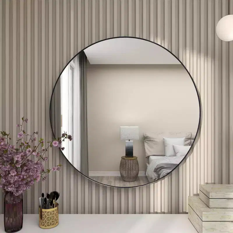 Miroir Mural Rond en Bois Contemporain de 36 po