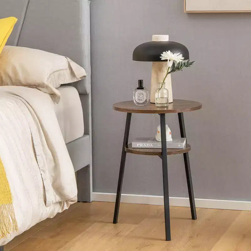 2 tables d'appoint rondes à 2 niveaux pour chambre à coucher et salon, marron/noyer
