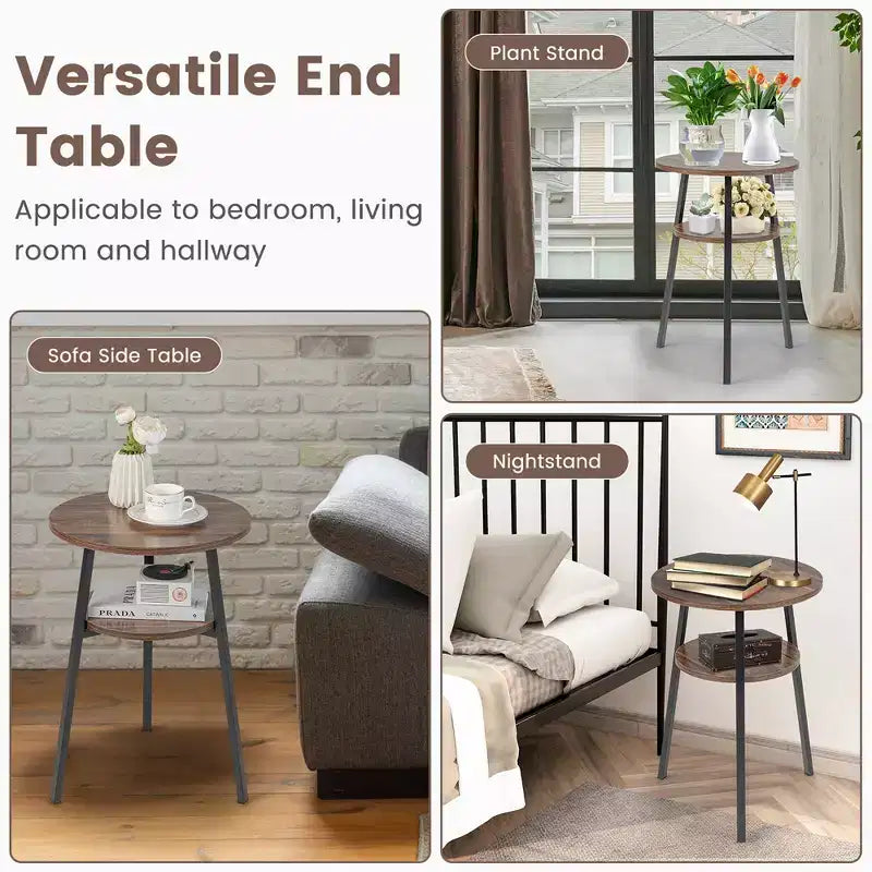 2 tables d'appoint rondes à 2 niveaux pour chambre à coucher et salon, marron/noyer