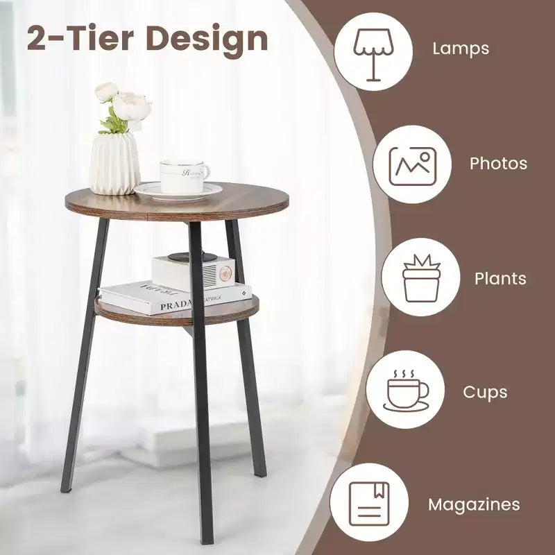 2 tables d'appoint rondes à 2 niveaux pour chambre à coucher et salon, marron/noyer