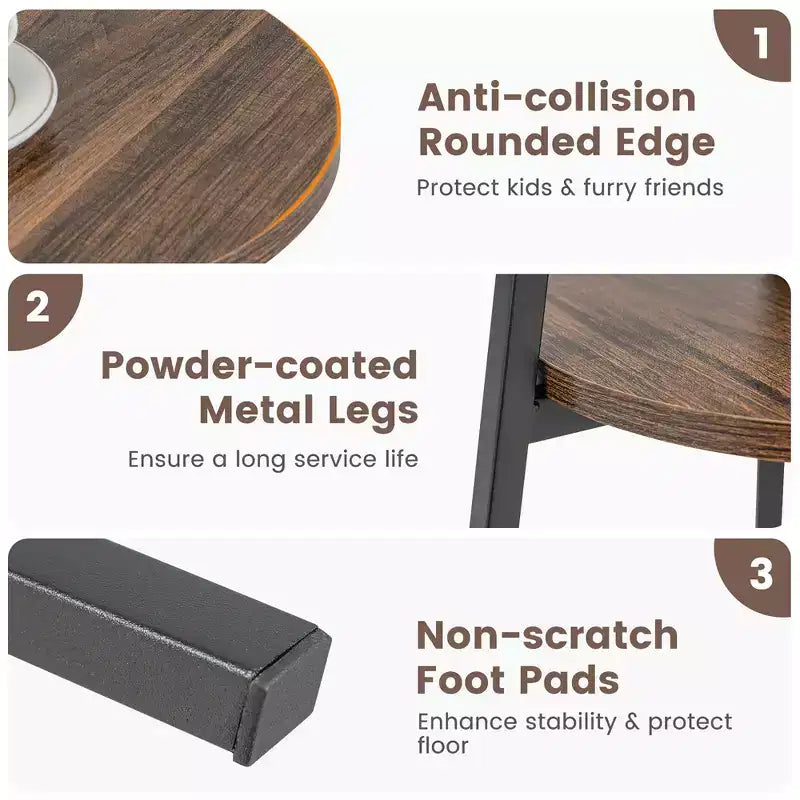 2 tables d'appoint rondes à 2 niveaux pour chambre à coucher et salon, marron/noyer
